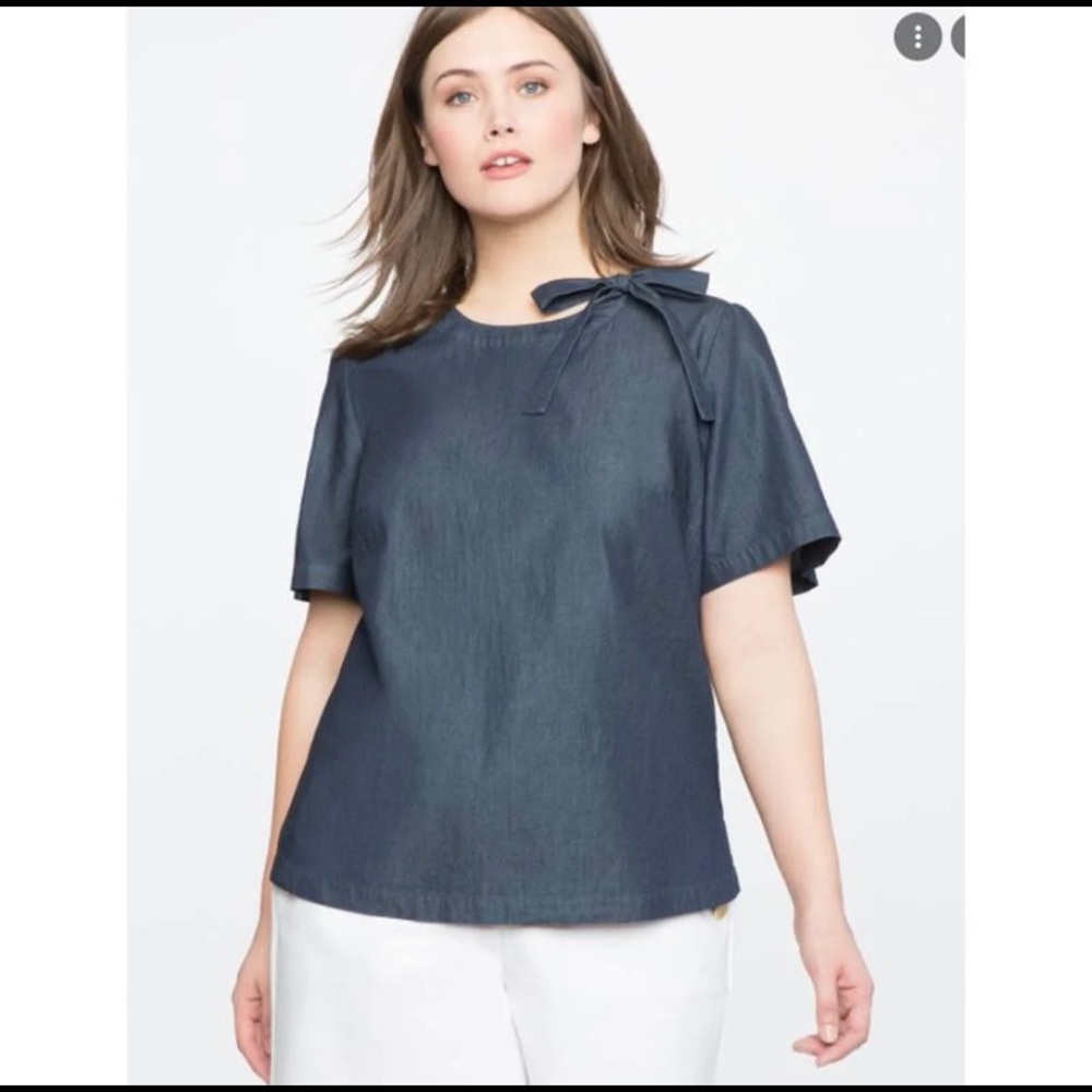 Eloquii Navy Short Sleeve Bow-Neck Top